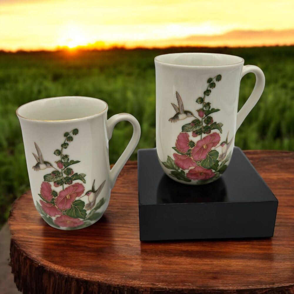 Two Otagiri Japanese Hummingbird Pink 4" Vintage Gibson Mugs Hot Tea Coffee Cups